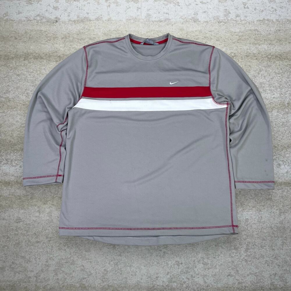 Vintage Y2K Nike Shirt Mens 2XL Grey Polyester Long Sleeve Red White Swoosh